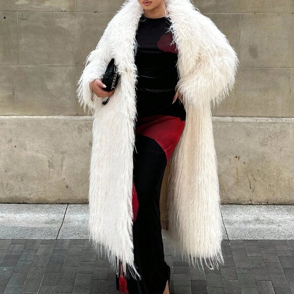 White Preppy Women's Plus Size Shaggy Faux Fur Long Coat - Picture 3 of 7
